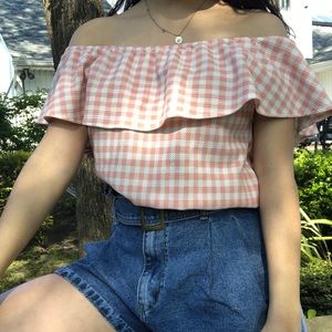 pink gingham off the shoulder top